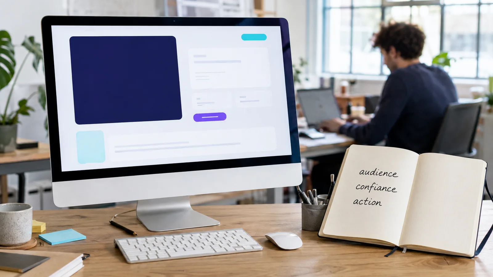 Écran d’ordinateur présentant une page d’offre claire et carnet avec les mots audience, confiance et action dans un espace de travail professionnel.