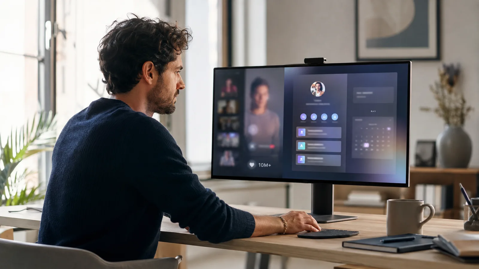 Créateur de contenu devant un écran illustrant le passage de 10 millions de vues Shorts vers un profil professionnel, un LinkHub et des réservations.